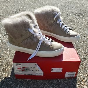 NIB SALVATORE FERRAGAMO Nisia Gray Taupe Leather Fur High Top Sneakers sz 9.5